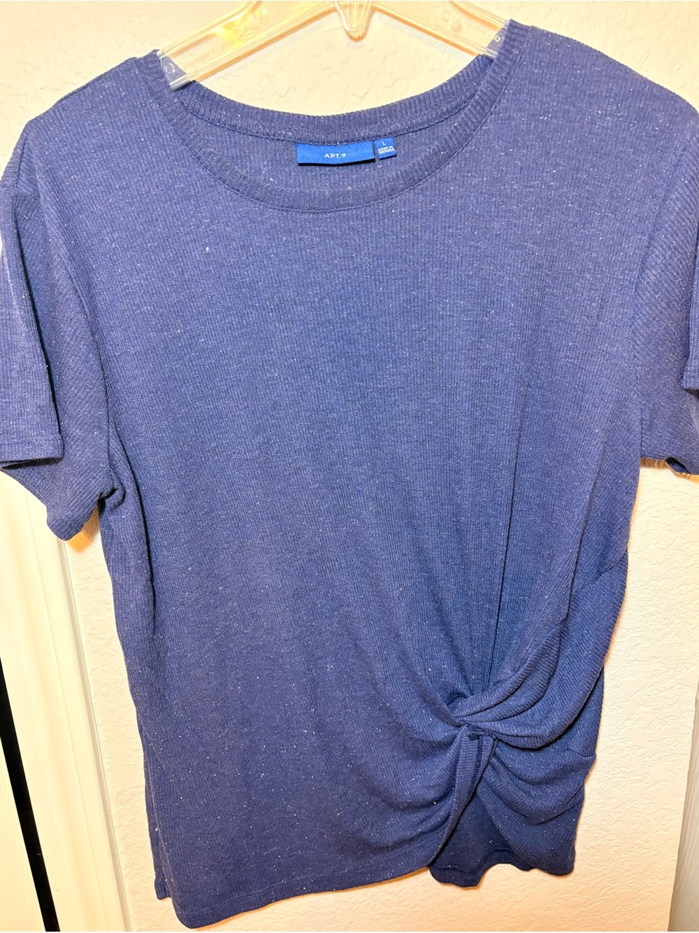 Apt. 9 Navy Twist-Knot Short Sleeve Tee with Silver Glitter Specks